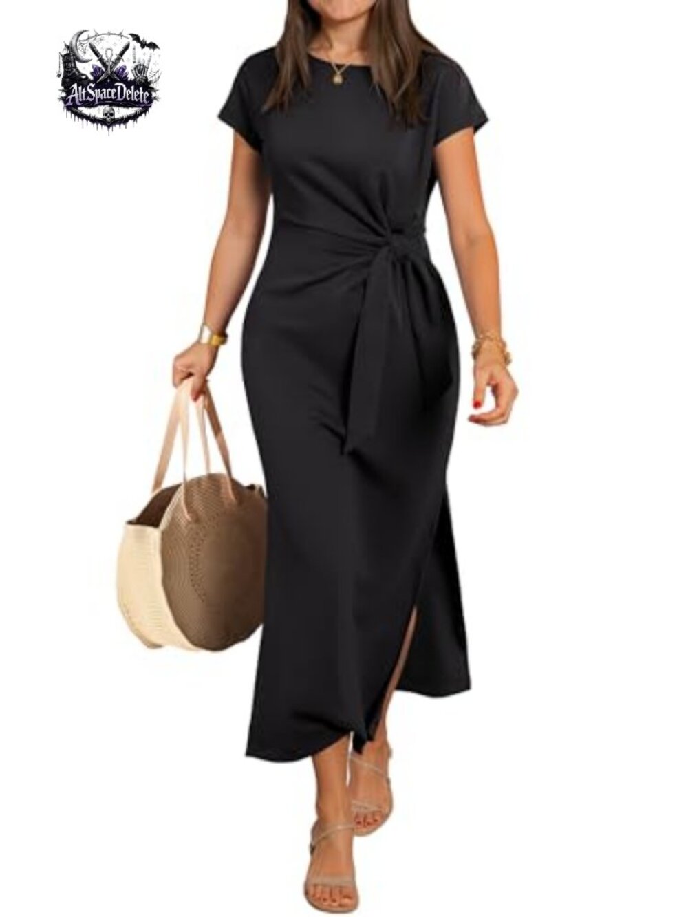 Womens Summer Wrinkle-Free Maxi Dress Slim Fit Crew Neck Short Sleeve Tie Waist